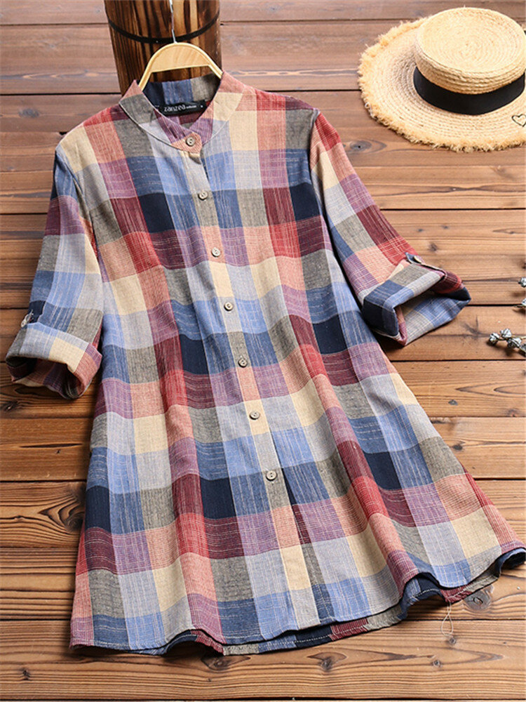 Vintage Print Plaid Multicolor Long Sleeve Button Blouse