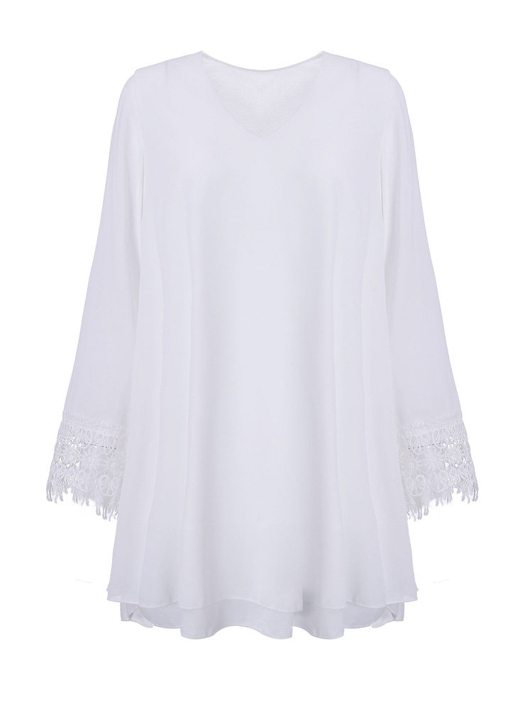 Casual Chiffon Crochet Solid Color V-Neck Long Sleeve Blouse