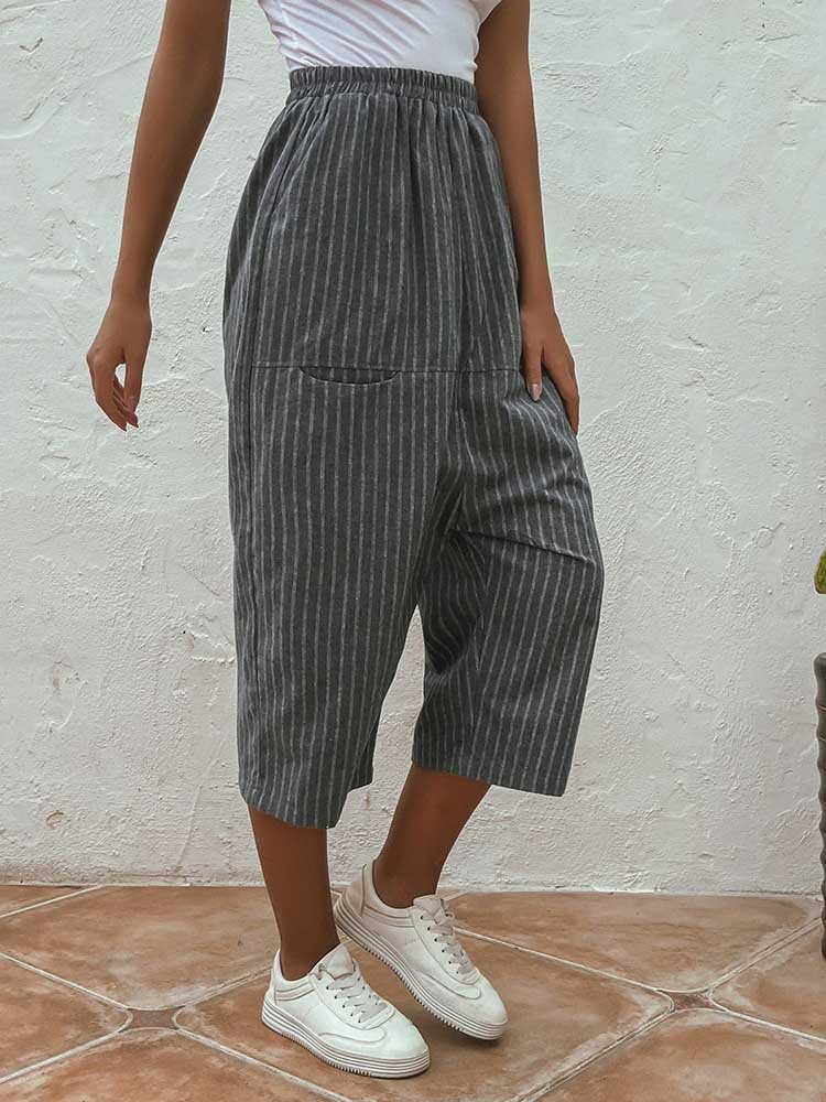 Casual Striped Elastic Waist Loose Women Mid-Calf Pants With Pockets